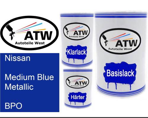 Nissan, Medium Blue Metallic, BPO: 500ml Lackdose + 500ml Klarlack + 250ml Härter - Set, von ATW Autoteile West.